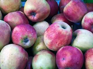 Fresh rosy apples piled together at a local market during autumn harvest season