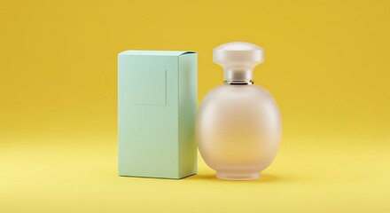 Elegant Frosted Glass Perfume Bottle with Pastel Box on Vibrant Yellow Backdrop for Beauty Product Display