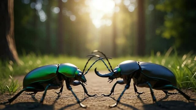 Two beetles confronting each other on a forest path at sunset  