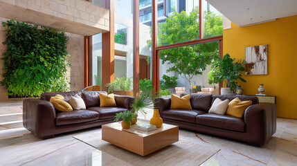 Obraz premium Living room with brown sofas and yellow wall