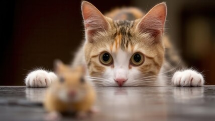 Intense feline predator stares, preparing to pounce on a unsuspecting hamster