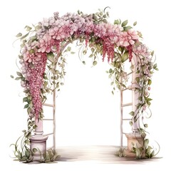 Pink Wedding flower arch watercolor illustration on white background, Wedding invitation, HD floral design  