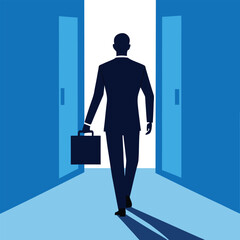 Fototapeta premium Businessman standing in front of door vector illustration silhouette office suit concept