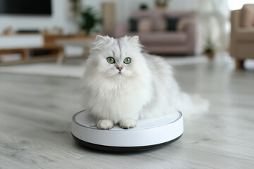Cat on a cleaning robot at home
