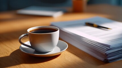 Coffee cup and documents on a wooden desk