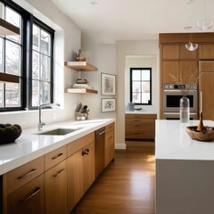 Fototapeta premium Simple kitchen with white counters, wooden cabinetry, and modern appliances for a sleek look.