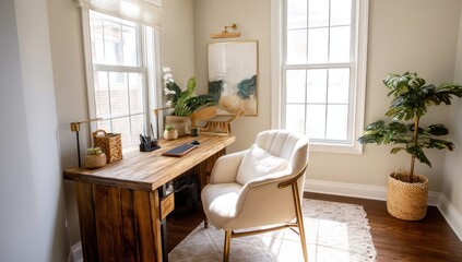 Home office with clean design, comfortable chair, and a neutral color palette for a focused environment.