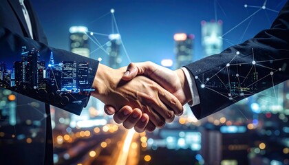 Business Handshake Over Cityscape at Night.