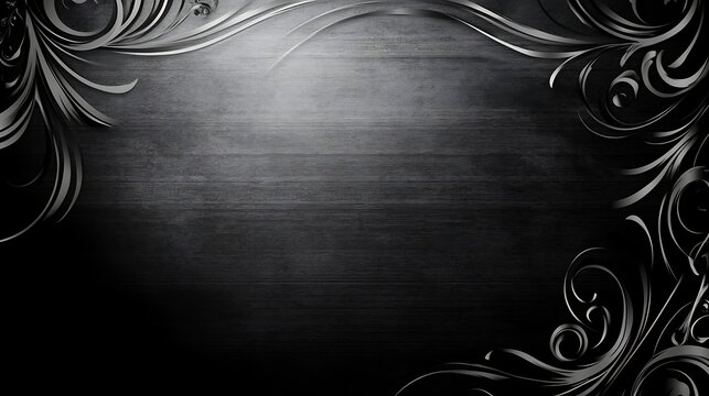 Dark, ornate background with silver-gray floral accents