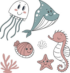 Sea Animals Vector Icon Set &ndash; Minimal Line Art of Marine Creatures & Underwater Life