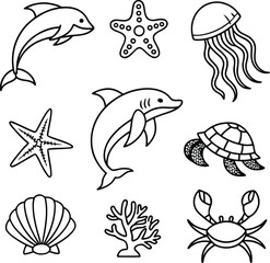 Sea Animals Vector Icon Set &ndash; Minimal Line Art of Marine Creatures & Underwater Life