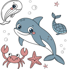 Sea Animals Vector Icon Set – Minimal Line Art of Marine Creatures & Underwater Life