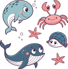 Sea Animals Vector Icon Set – Minimal Line Art of Marine Creatures & Underwater Life