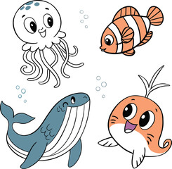 Sea Animals Vector Icon Set – Minimal Line Art of Marine Creatures & Underwater Life