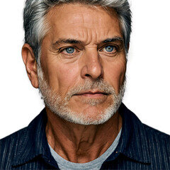 Mature man with blue eyes and grey hair isolated on a transparent background beard