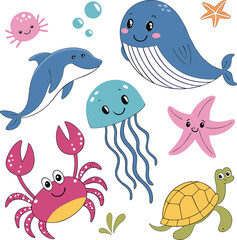 Sea Animals Vector Icon Set – Minimal Line Art of Marine Creatures & Underwater Life