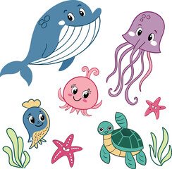 Sea Animals Vector Icon Set – Minimal Line Art of Marine Creatures & Underwater Life