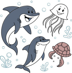 Sea Animals Vector Icon Set – Minimal Line Art of Marine Creatures & Underwater Life