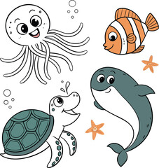 Sea Animals Vector Icon Set – Minimal Line Art of Marine Creatures & Underwater Life