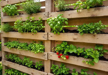 Wooden pallet herb and strawberry garden