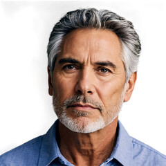 Mature man with gray hair and beard wearing blue shirt isolated on a transparent background