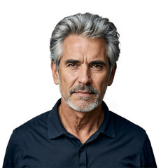 Mature man with gray hair and beard wearing dark blue shirt isolated on a transparent background