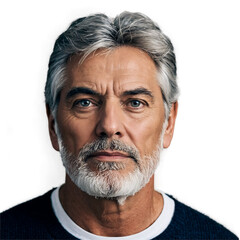 Mature man with grey hair and beard isolated on a transparent background blue eyes
