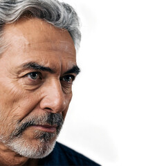 Mature man with grey hair and beard looking to the side isolated on a transparent background