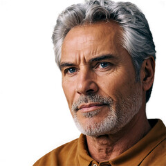 Mature man with grey hair and blue eyes wearing a brown shirt isolated on a transparent background