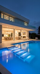 Fototapeta premium Modern house exterior with pool at night