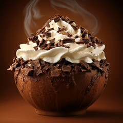 Steaming chocolate dessert, whipped cream, chocolate shavings