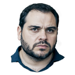 Serious man with dark hair and beard wearing blue shirt isolated on a transparent background