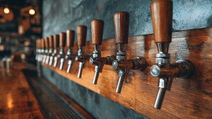 Wooden beer tap system in a bar