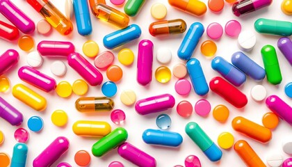Seamless pattern of colorful pills and capsules on white background, medicine background, over the counter