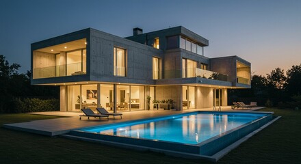 Obraz premium Modern house pool night view