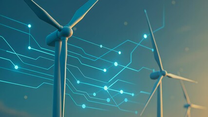 Renewable energy data center. Digital of wind turbine blades with glowing blue circuit lines symbolizing renewable energy technology and innovation - Powered by Adobe