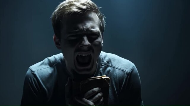 Frightened man screaming holding a book