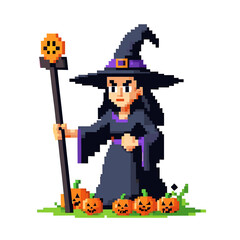 Pixel Art Witch with Staff and Pumpkins on Grass - Halloween Themed Retro 8-Bit Style Illustration