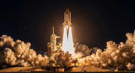 Space shuttle launches into the night sky