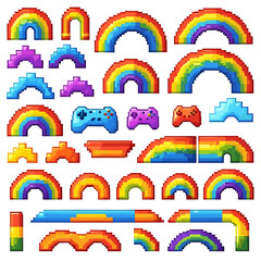 Colorful Pixel Art Rainbow and Game Controllers Set in Retro 8-Bit Style for Creative Digital and Graphic Design Projects