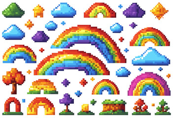 Colorful Pixel Art Collection Featuring Rainbows, Clouds, and Nature Elements in a Retro Gaming Style