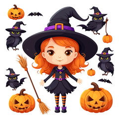 Cute Halloween Witch with Pumpkins, Bats, and Owls - Adorable Cartoon Character in Festive Costume