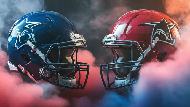 Red and blue football helmets representing rival teams in a Super Bowl matchup.