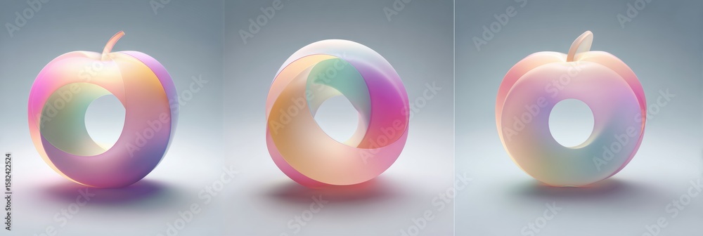 Poster rotating 3d apple icon with soft gradients against a minimal background showcasing smooth shapes and