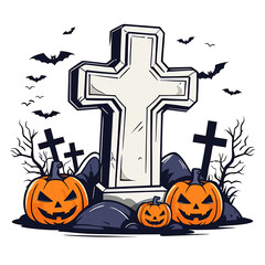Spooky Halloween Graveyard Scene with Pumpkins, Crosses, and Flying Bats in a Dark, Eerie Atmosphere