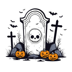 Spooky Halloween Graveyard Scene with Pumpkins, Tombstone, and Bats in a Dark, Eerie Atmosphere