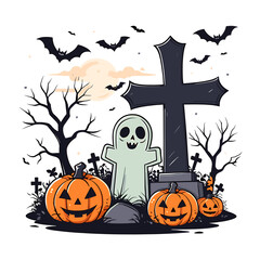 Spooky Halloween Graveyard Scene with Pumpkins, Bats, and Tombstones Under a Full Moon Night Sky
