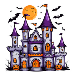 Spooky Halloween Castle with Bats and Pumpkins Under a Full Moon - Whimsical Haunted Mansion Illustration