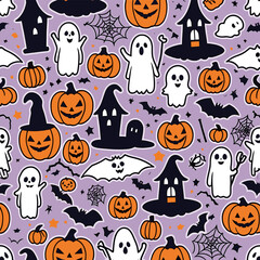 Spooky Halloween Pattern with Ghosts, Pumpkins, Bats, and Haunted Houses on Purple Background