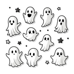 Cute Cartoon Ghosts and Stars on White Background - Fun and Playful Halloween Illustration for Kids and Festive Designs